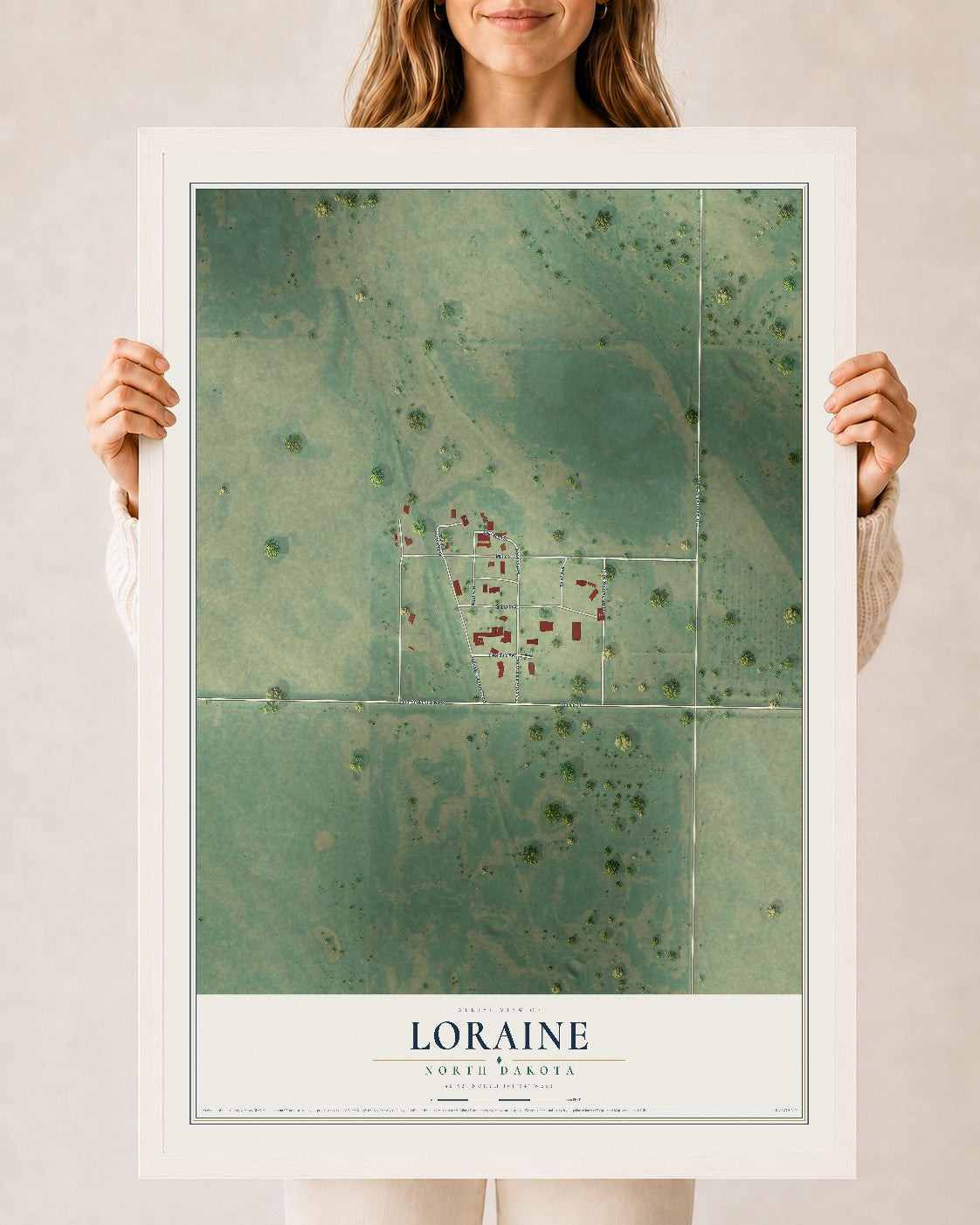Map of Loraine, North Dakota, 24 x 36 inch print in a white wood frame
