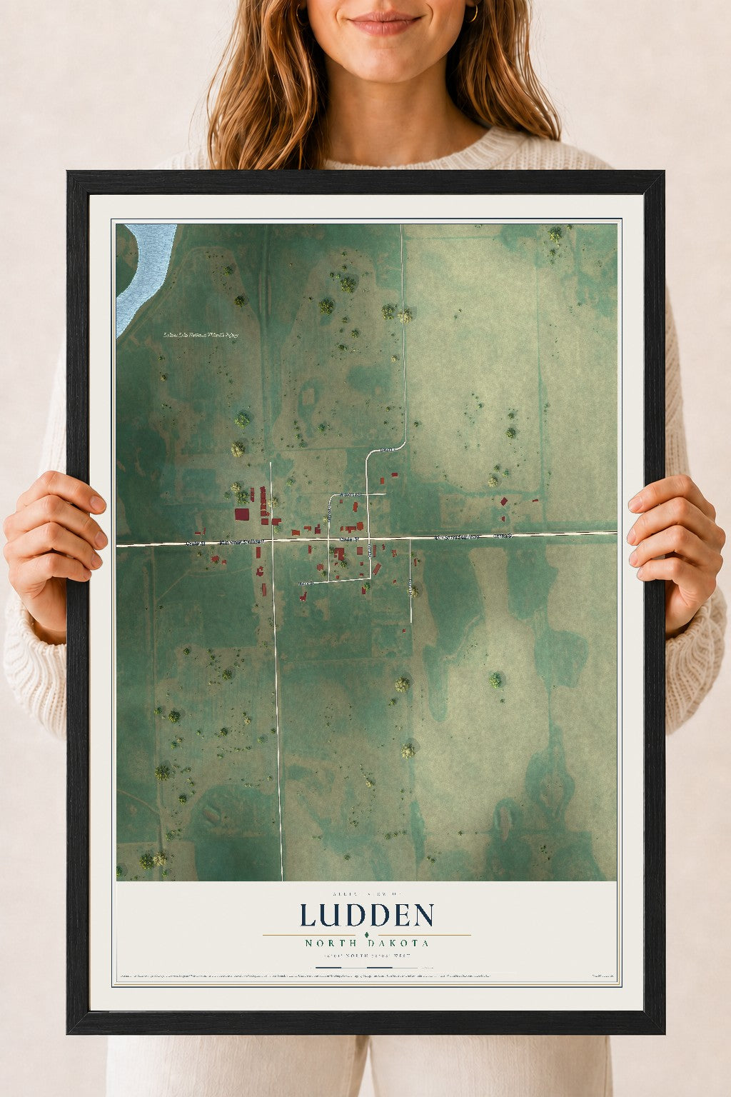 Map of Ludden, North Dakota, 18 x 24 inch print in a black wood frame