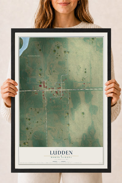 Map of Ludden, North Dakota, 18 x 24 inch print in a black wood frame