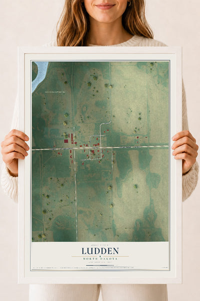 Map of Ludden, North Dakota, 18 x 24 inch print in a white wood frame