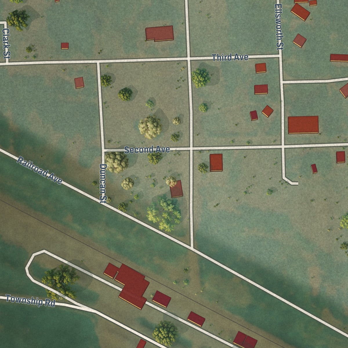 Close-up of the map of Luverne, North Dakota print showing street and building detail