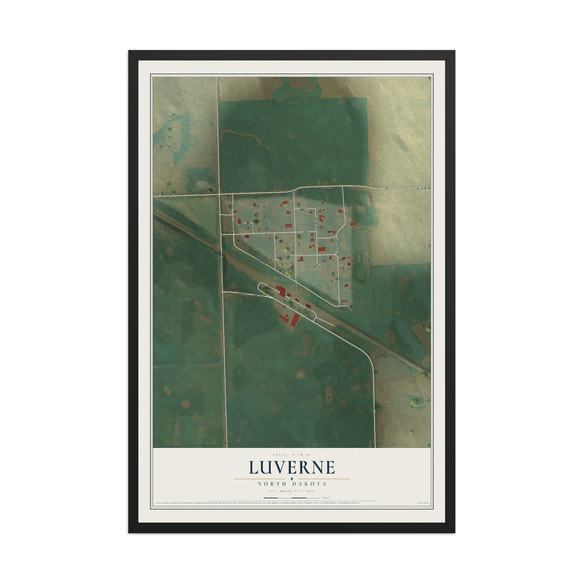 Map of Luverne, North Dakota, 12 x 18 inch print in a black wood frame