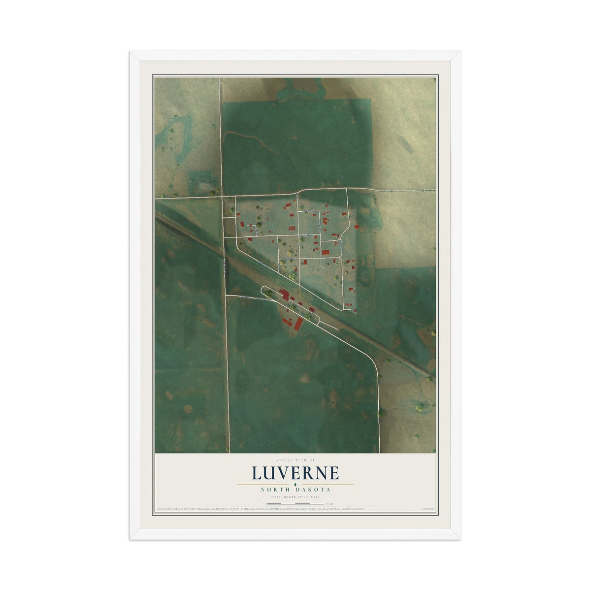 Map of Luverne, North Dakota, 12 x 18 inch print in a white wood frame