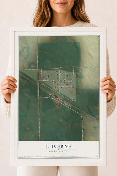 Map of Luverne, North Dakota, 18 x 24 inch print in a white wood frame