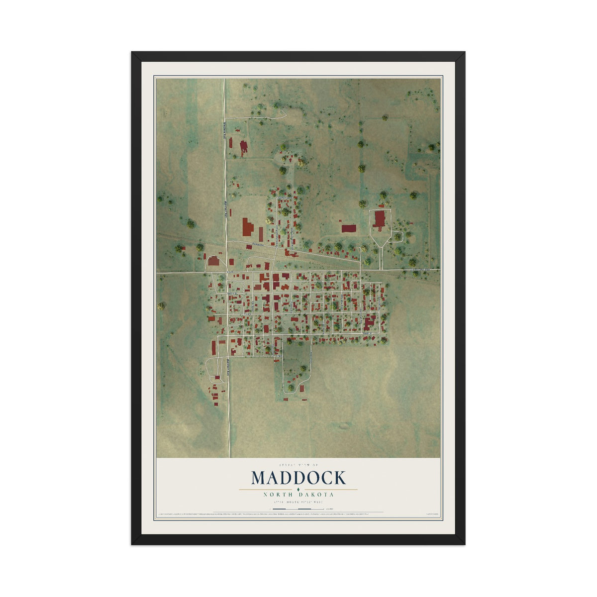 Map of Maddock, North Dakota, 12 x 18 inch print in a black wood frame
