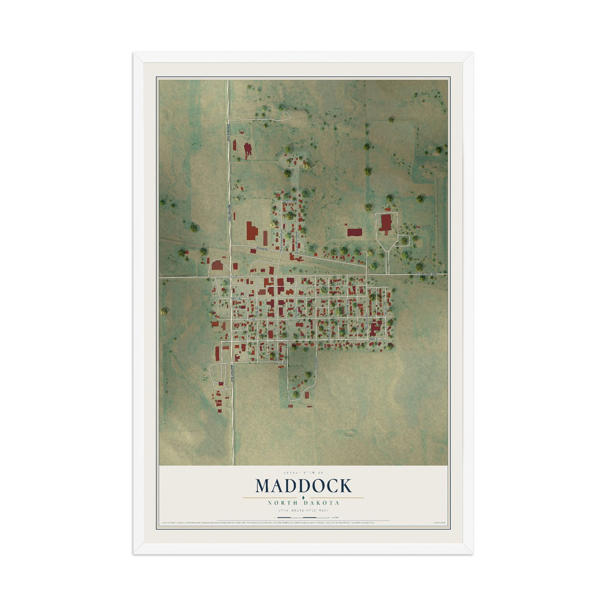 Map of Maddock, North Dakota, 12 x 18 inch print in a white wood frame