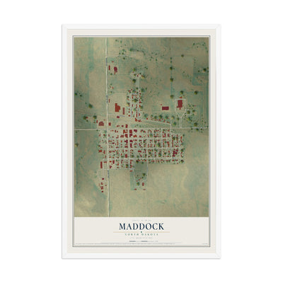 Map of Maddock, North Dakota, 12 x 18 inch print in a white wood frame