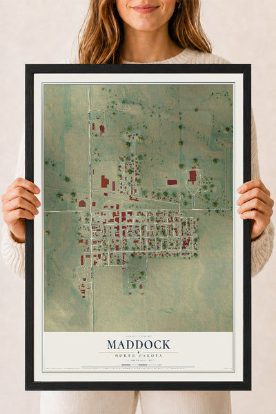 Map of Maddock, North Dakota, 18 x 24 inch print in a black wood frame