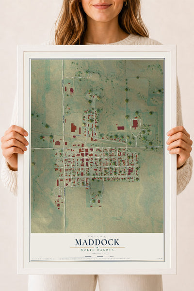 Map of Maddock, North Dakota, 18 x 24 inch print in a white wood frame