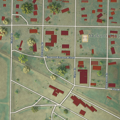 Close-up of the map of Makoti, North Dakota print showing street and building detail
