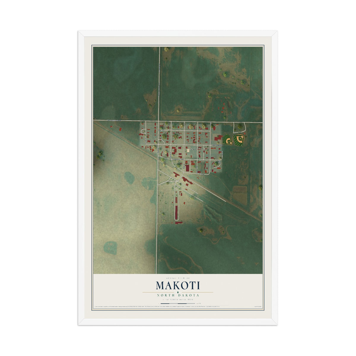 Map of Makoti, North Dakota, 12 x 18 inch print in a white wood frame