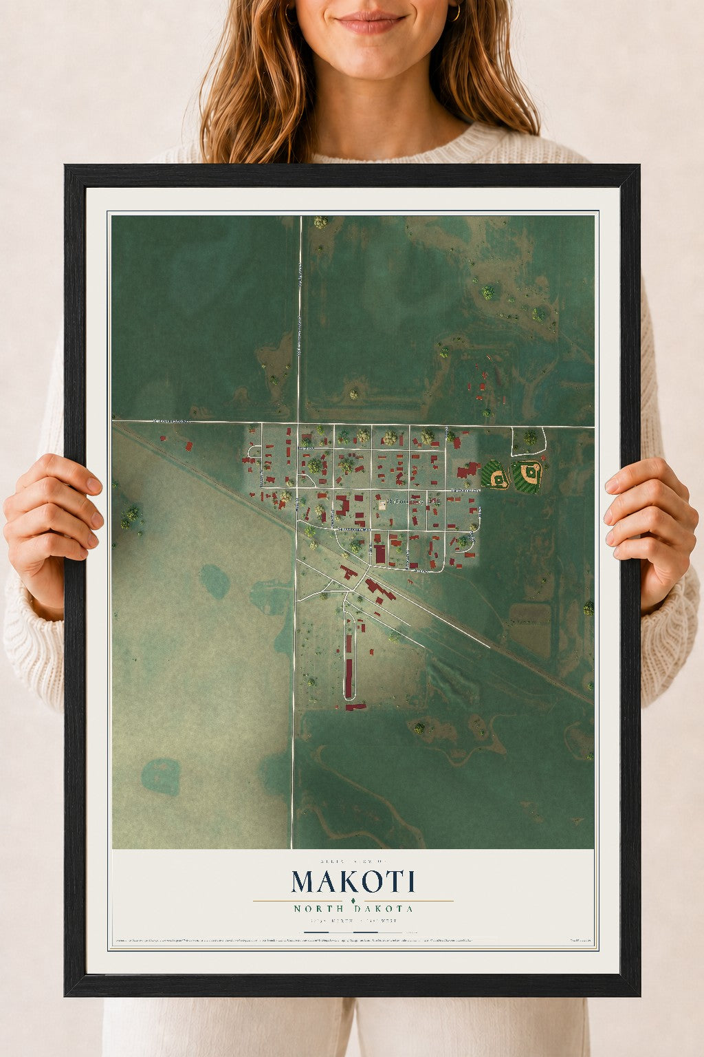 Map of Makoti, North Dakota, 18 x 24 inch print in a black wood frame