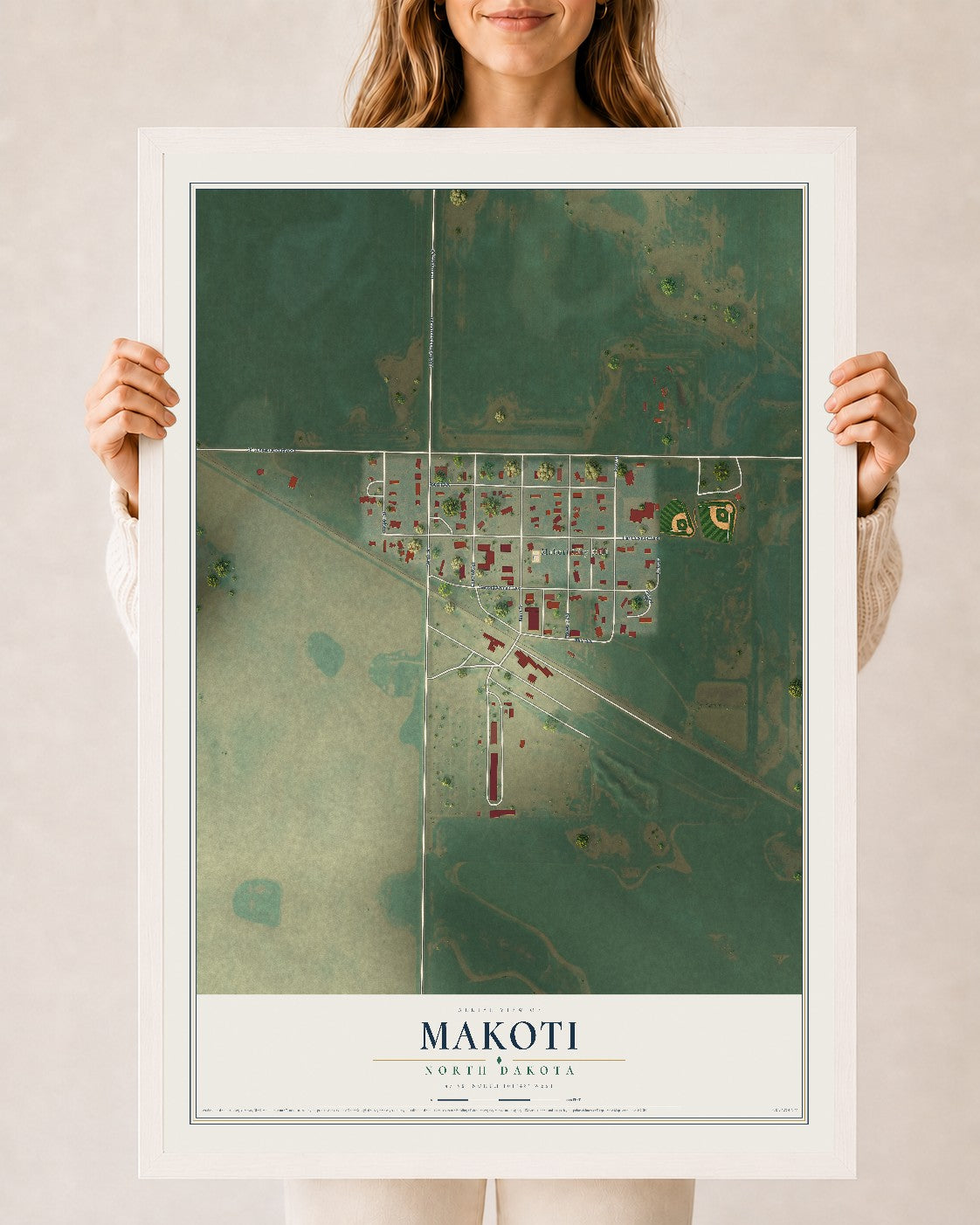 Map of Makoti, North Dakota, 24 x 36 inch print in a white wood frame