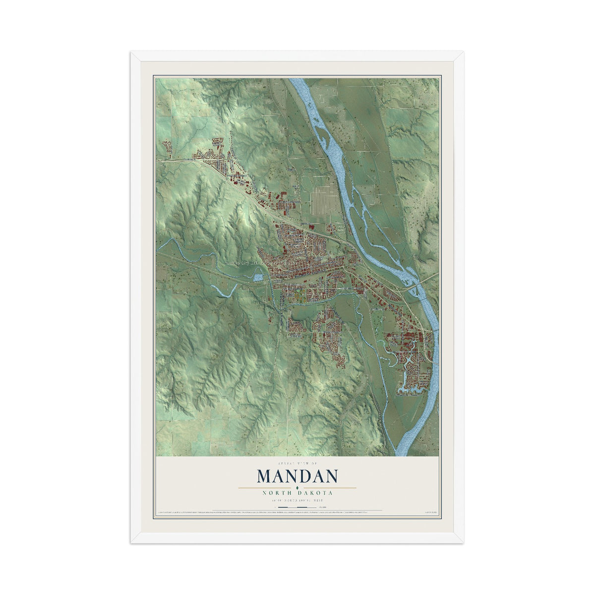 Map of Mandan, North Dakota, 12 x 18 inch print in a white wood frame