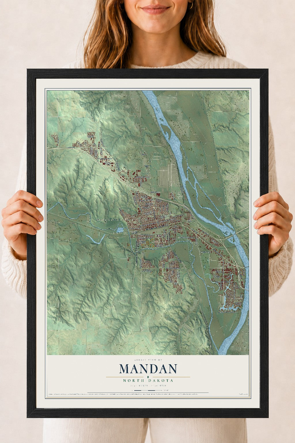 Map of Mandan, North Dakota, 18 x 24 inch print in a black wood frame