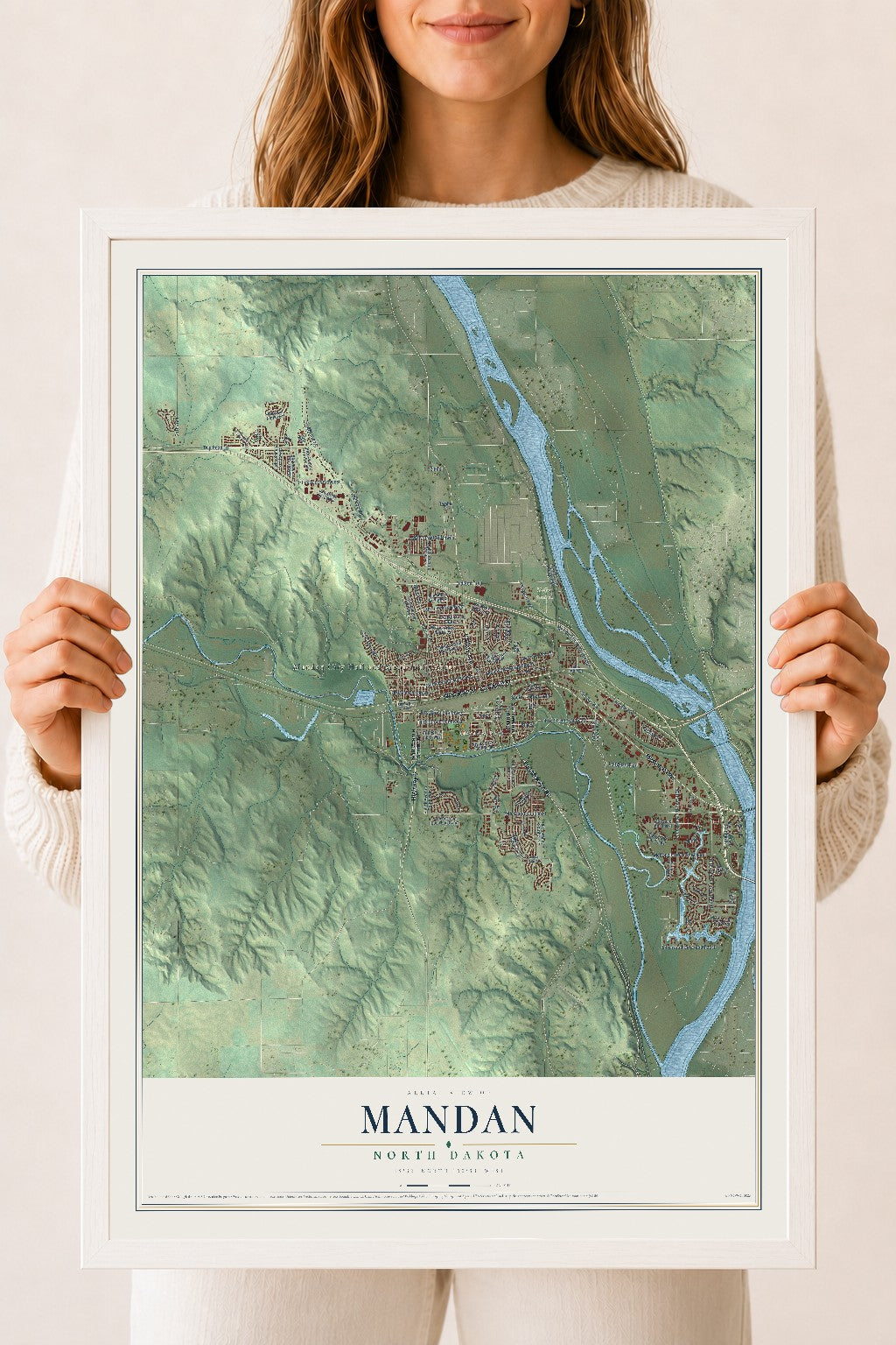 Map of Mandan, North Dakota, 18 x 24 inch print in a white wood frame