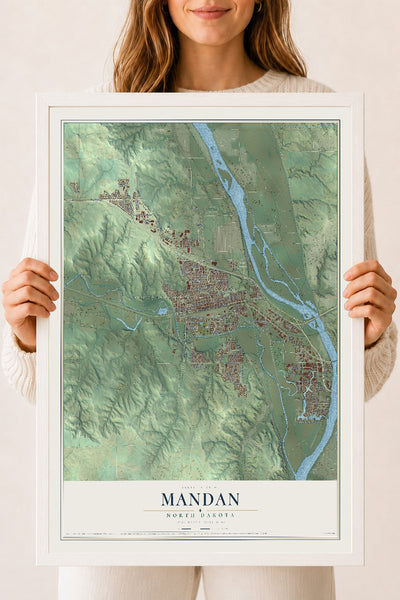 Map of Mandan, North Dakota, 18 x 24 inch print in a white wood frame