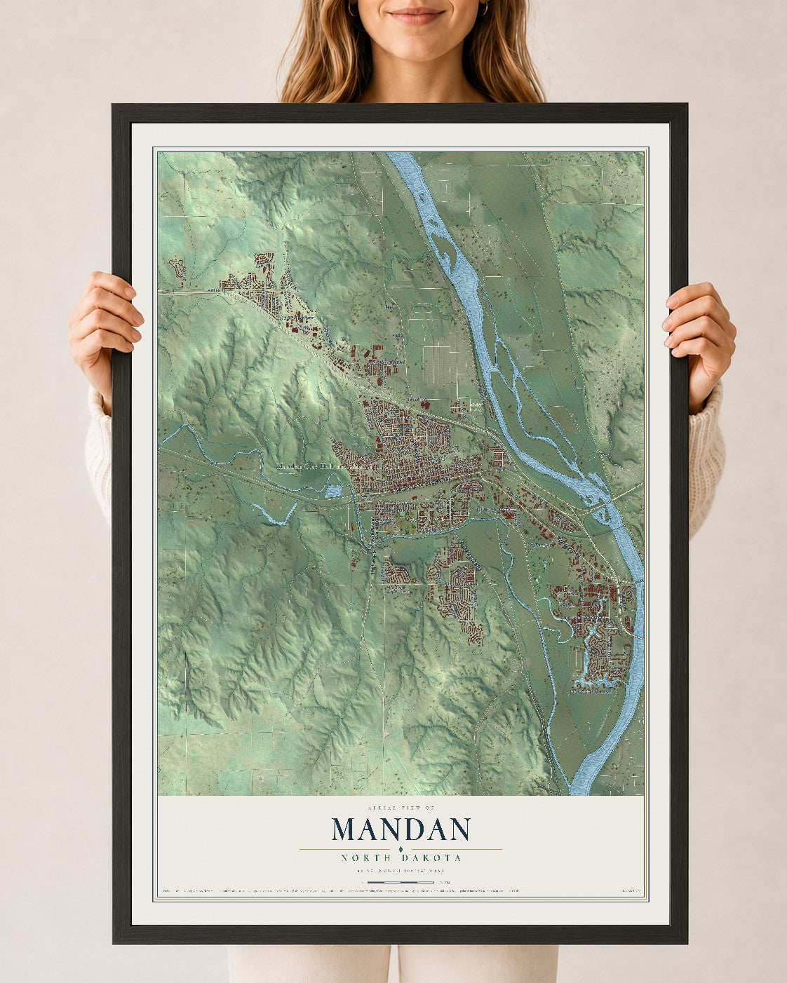 Map of Mandan, North Dakota, 24 x 36 inch print in a black wood frame