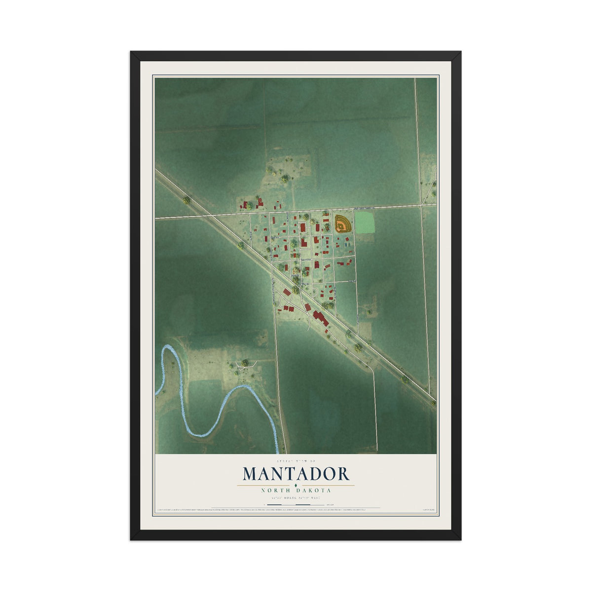 Map of Mantador, North Dakota, 12 x 18 inch print in a black wood frame