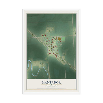 Map of Mantador, North Dakota, 12 x 18 inch print in a white wood frame