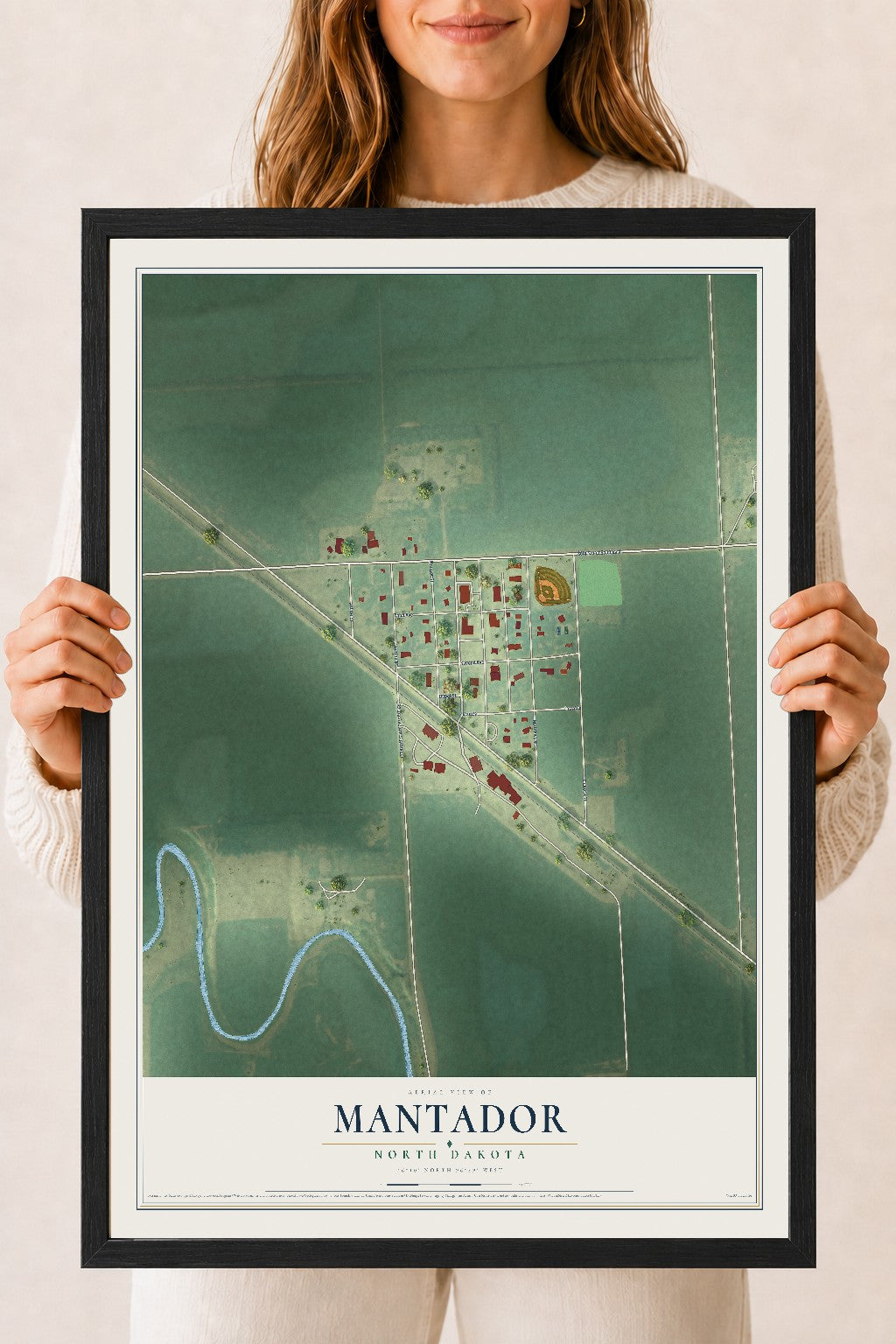 Map of Mantador, North Dakota, 18 x 24 inch print in a black wood frame