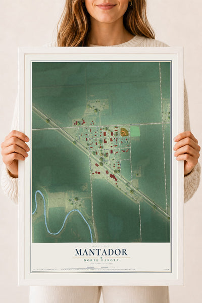 Map of Mantador, North Dakota, 18 x 24 inch print in a white wood frame