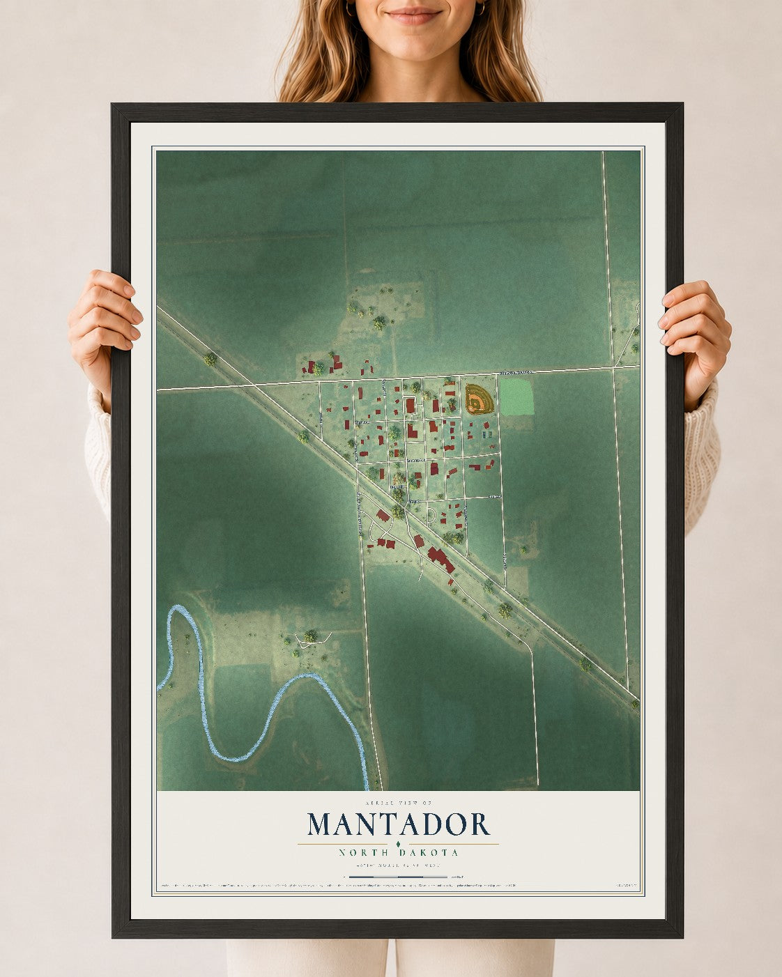 Map of Mantador, North Dakota, 24 x 36 inch print in a black wood frame