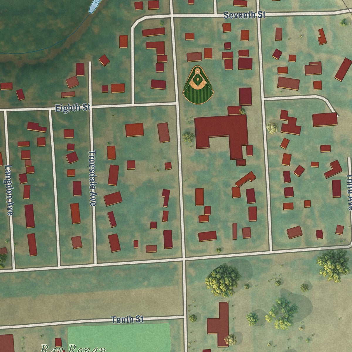Second close-up of the map of Manvel, North Dakota print showing more streets and buildings