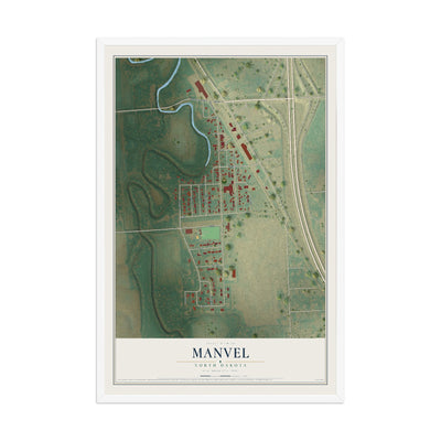 Map of Manvel, North Dakota, 12 x 18 inch print in a white wood frame