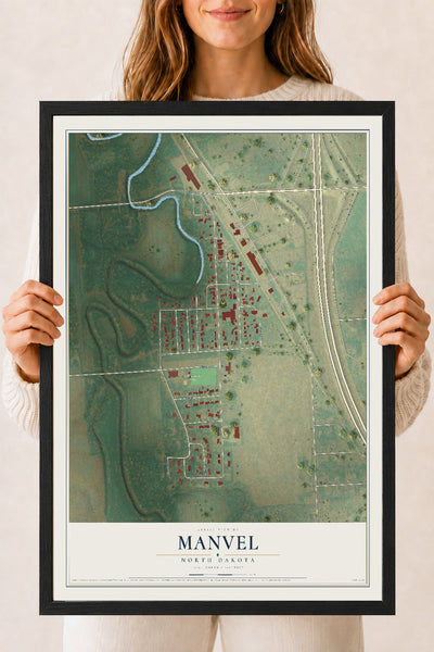 Map of Manvel, North Dakota, 18 x 24 inch print in a black wood frame