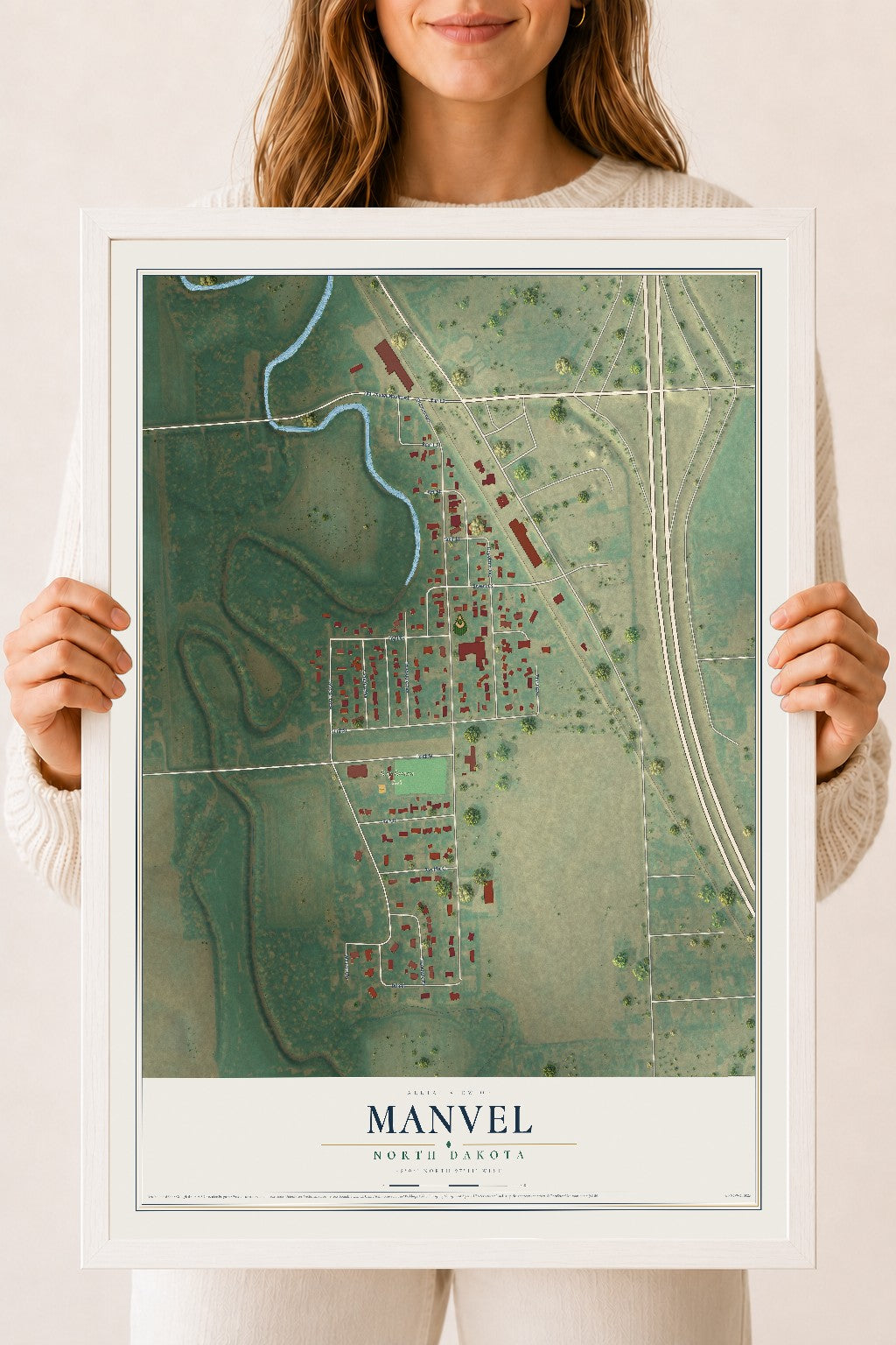 Map of Manvel, North Dakota, 18 x 24 inch print in a white wood frame