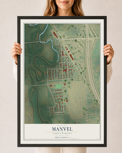 Map of Manvel, North Dakota, 24 x 36 inch print in a black wood frame