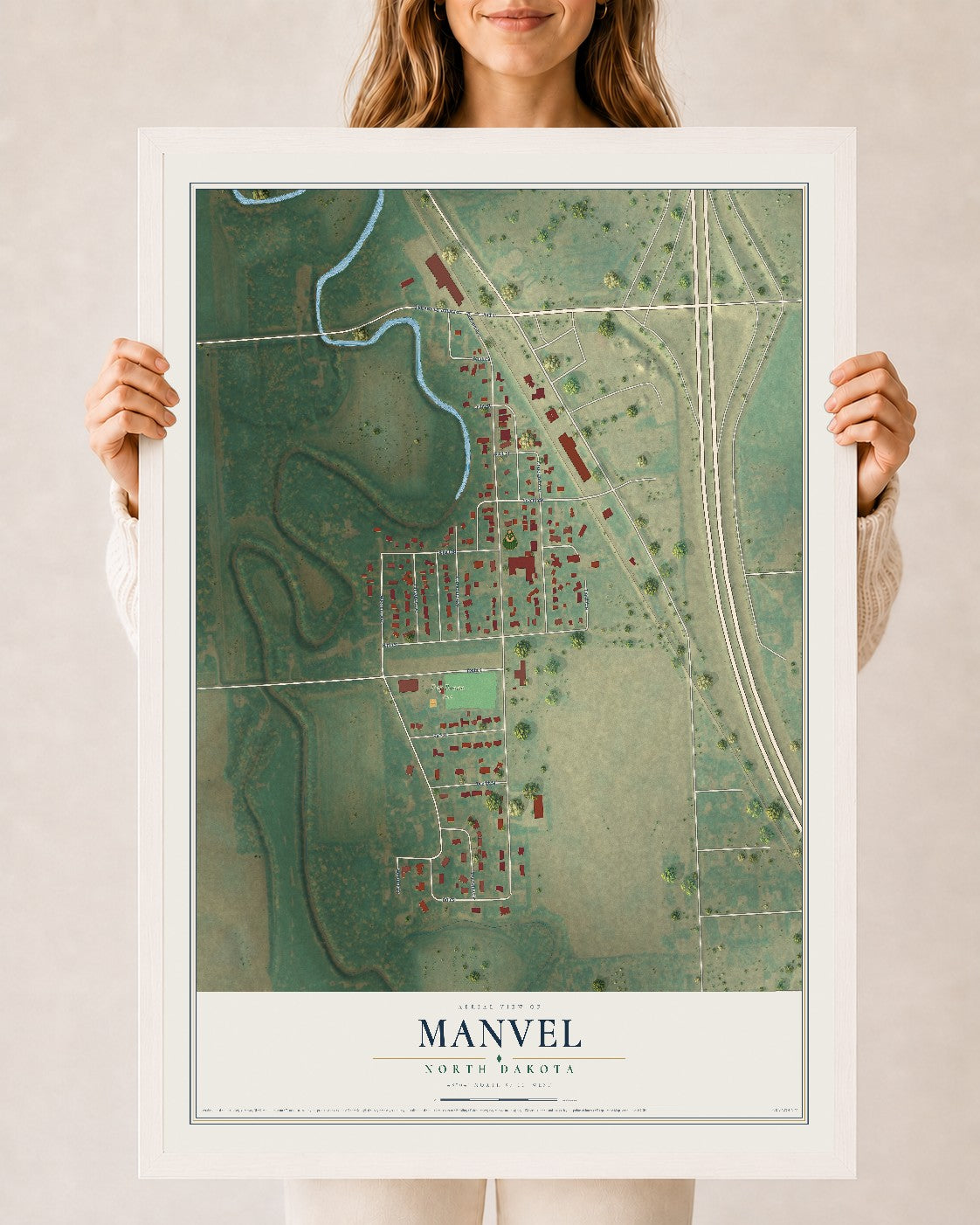 Map of Manvel, North Dakota, 24 x 36 inch print in a white wood frame