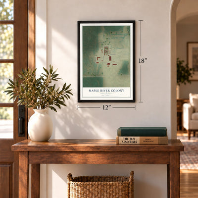 Maple River Colony, North Dakota map, 12 x 18 inch print in a black frame in an entryway