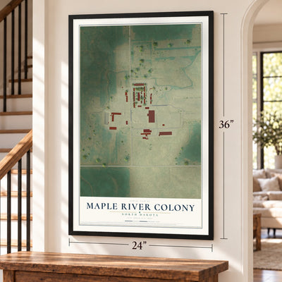 Maple River Colony, North Dakota map, 24 x 36 inch print in a black frame by a staircase