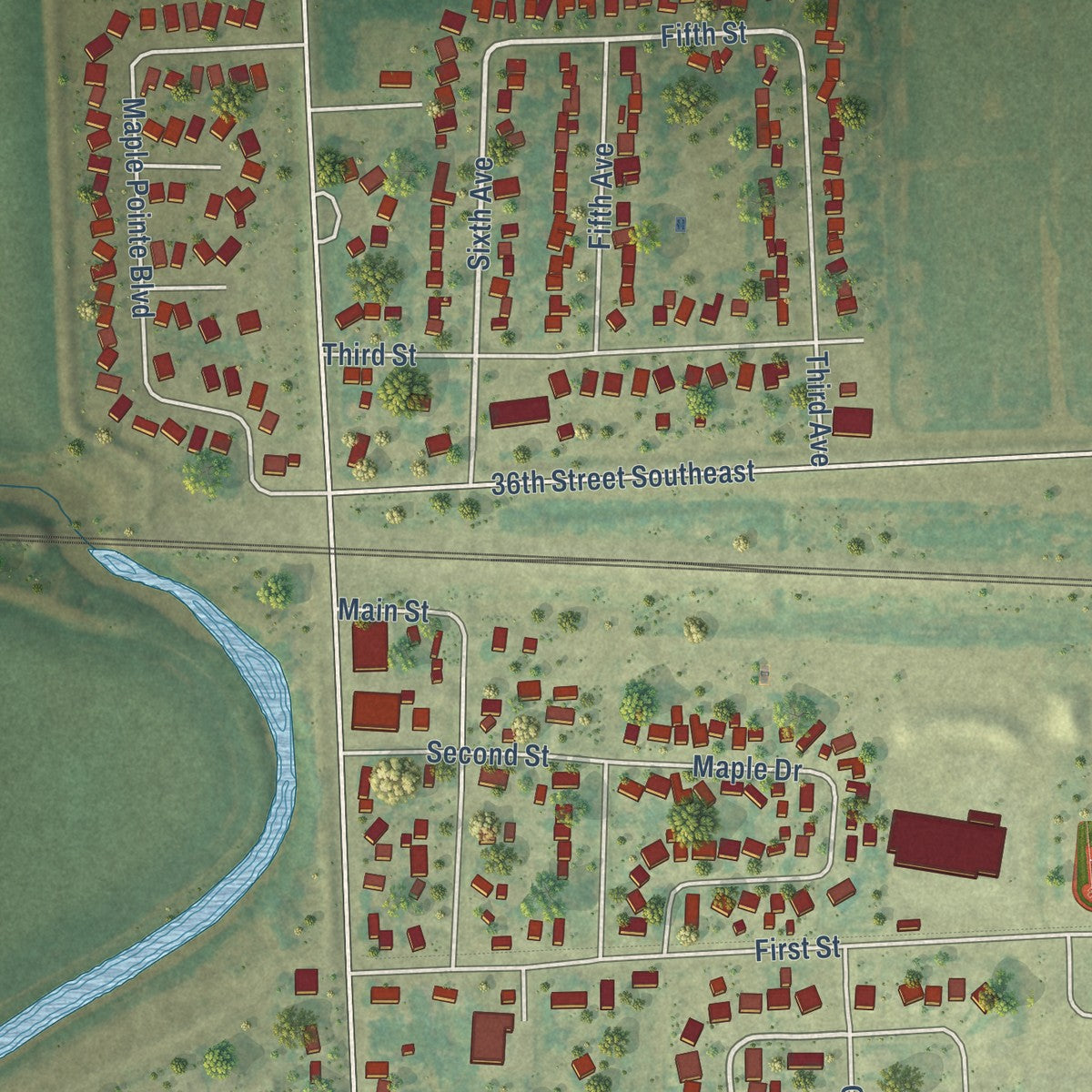 Close-up of the map of Mapleton, North Dakota print showing street and building detail