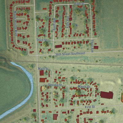 Close-up of the map of Mapleton, North Dakota print showing street and building detail