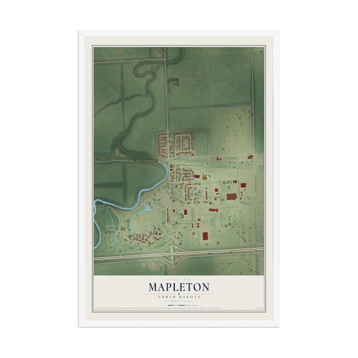 Map of Mapleton, North Dakota, 12 x 18 inch print in a white wood frame