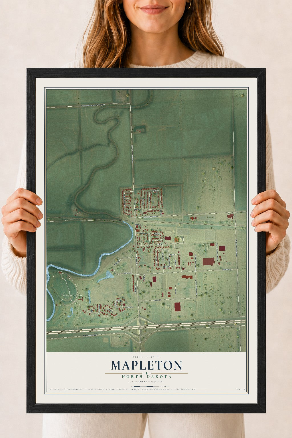 Map of Mapleton, North Dakota, 18 x 24 inch print in a black wood frame