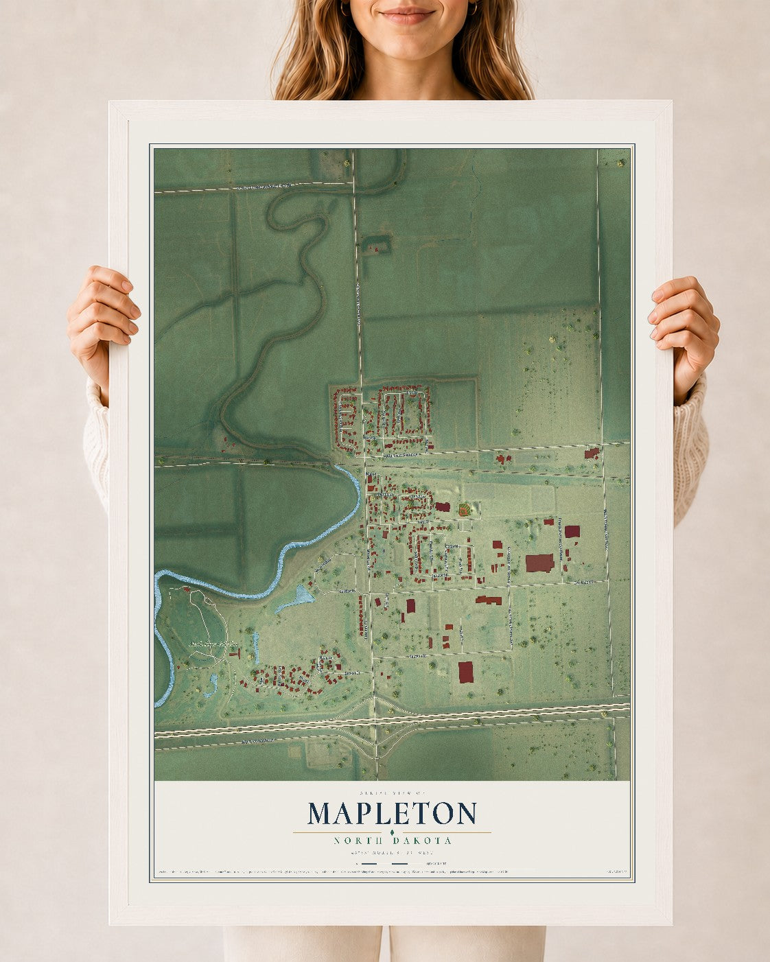 Map of Mapleton, North Dakota, 24 x 36 inch print in a white wood frame