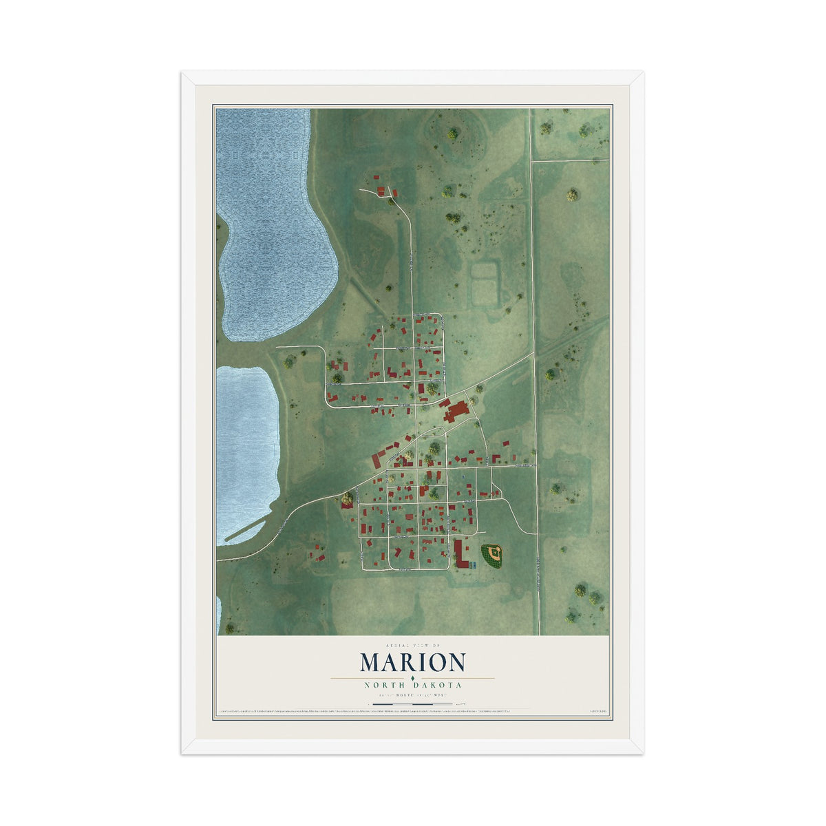 Map of Marion, North Dakota, 12 x 18 inch print in a white wood frame