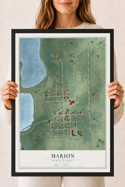Map of Marion, North Dakota, 18 x 24 inch print in a black wood frame