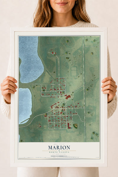Map of Marion, North Dakota, 18 x 24 inch print in a white wood frame