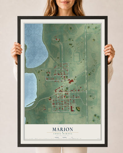 Map of Marion, North Dakota, 24 x 36 inch print in a black wood frame