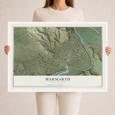 Map of Marmarth, North Dakota, 24 x 36 inch print in a white wood frame