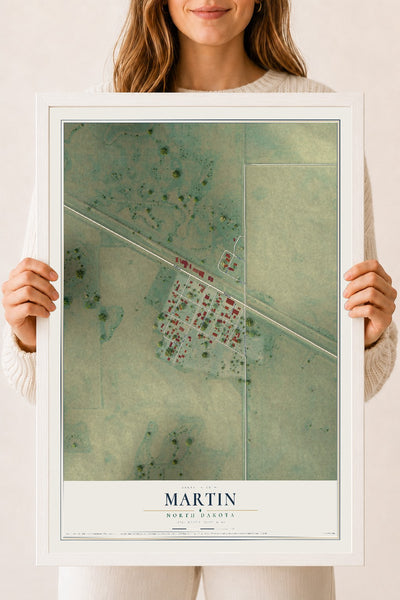 Map of Martin, North Dakota, 18 x 24 inch print in a white wood frame