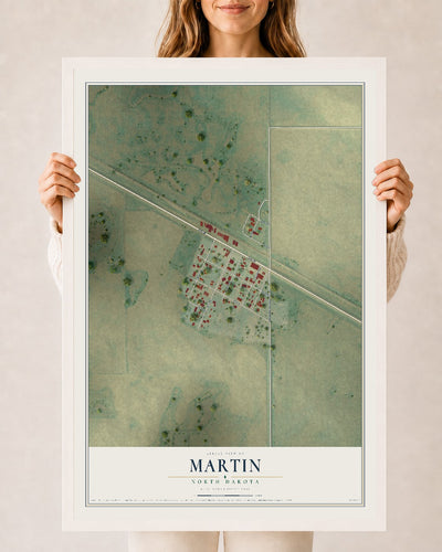 Map of Martin, North Dakota, 24 x 36 inch print in a white wood frame