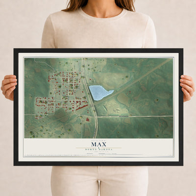 Map of Max, North Dakota, 12 x 18 inch print in a black wood frame
