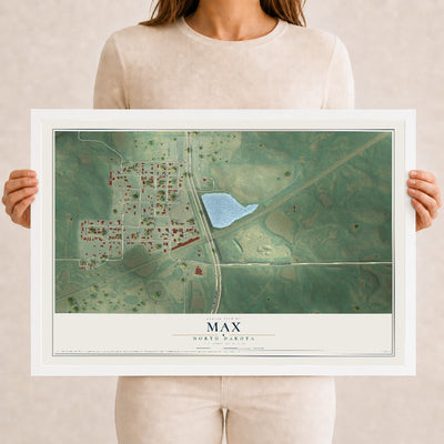 Map of Max, North Dakota, 12 x 18 inch print in a white wood frame