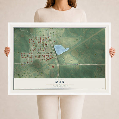 Map of Max, North Dakota, 24 x 36 inch print in a white wood frame